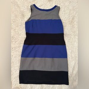 Royal blue and black sleeveless dress. Hidden zipper. Hits at the knee.